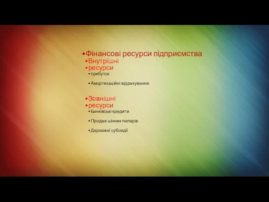 Фінансові ресурси підприємства Внутрішні ресурси прибуток Амортизаційні відрахування Зовнішні ресурси