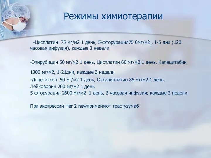 Режимы химиотерапии -Цисплатин 75 мг/м2 1 день, 5-фторурацил75 0мг/м2 ,