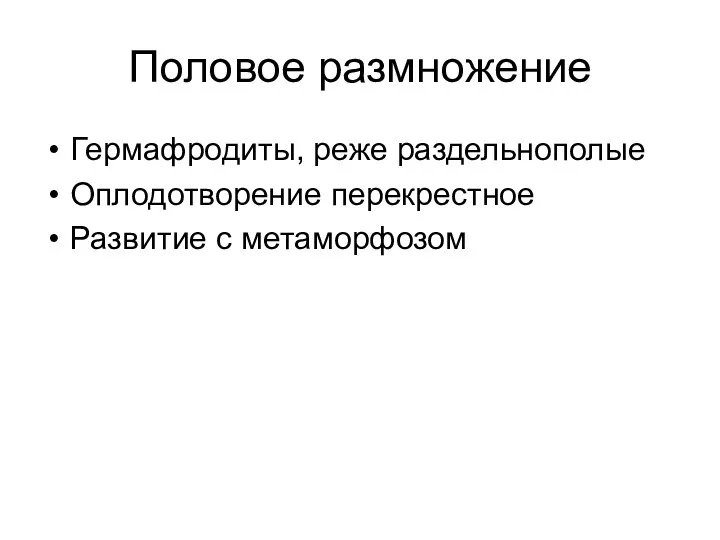 Половое размножение Гермафродиты, реже раздельнополые Оплодотворение перекрестное Развитие с метаморфозом