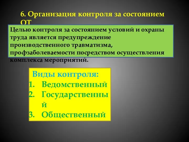 6. Организация контроля за состоянием ОТ Целью контроля за состоянием