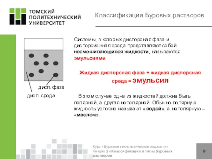 Классификация Буровых растворов Системы, в которых дисперсная фаза и дисперсионная