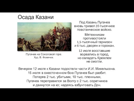 Осада Казани Под Казань Пугачев вновь привел 20-тысячное повстанческое войско.