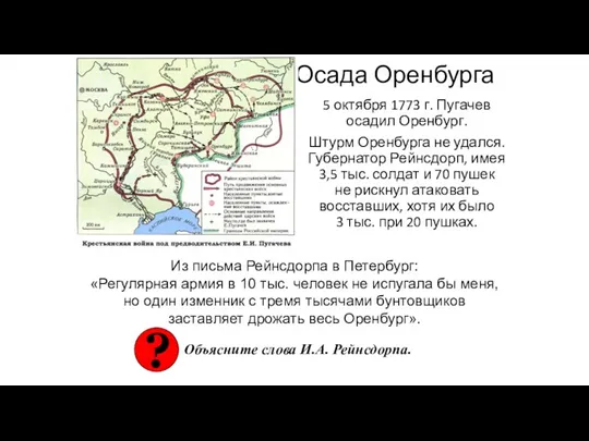 Осада Оренбурга 5 октября 1773 г. Пугачев осадил Оренбург. Штурм