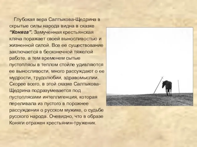 Глубокая вера Салтыкова-Щедрина в скрытые силы народа видна в сказке “Коняга”. Замученная крестьянская
