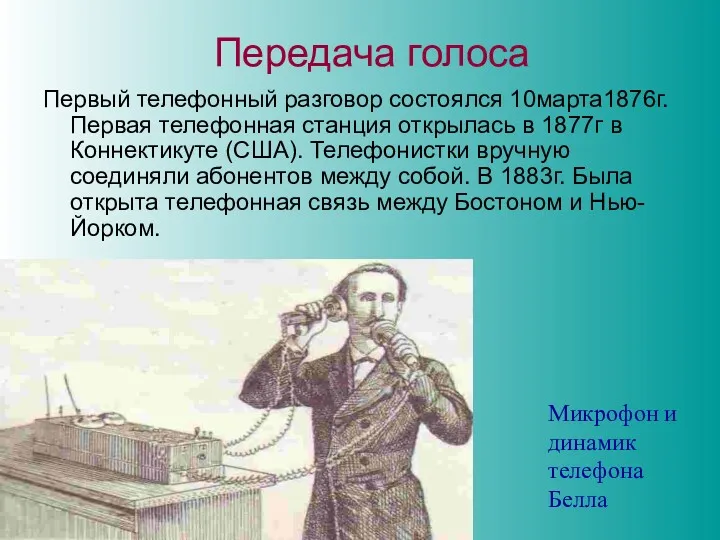 Передача голоса Первый телефонный разговор состоялся 10марта1876г. Первая телефонная станция