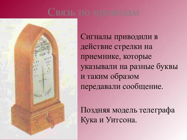 Связь по проводам Сигналы приводили в действие стрелки на приемнике,