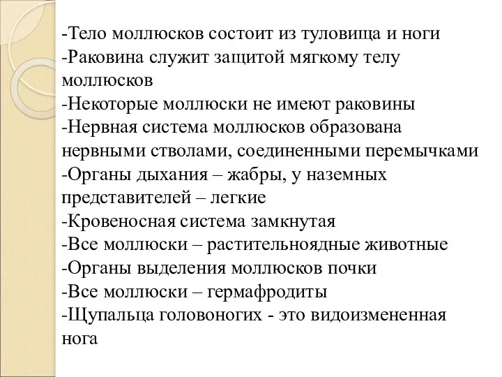 -Тело моллюсков состоит из туловища и ноги -Раковина служит защитой