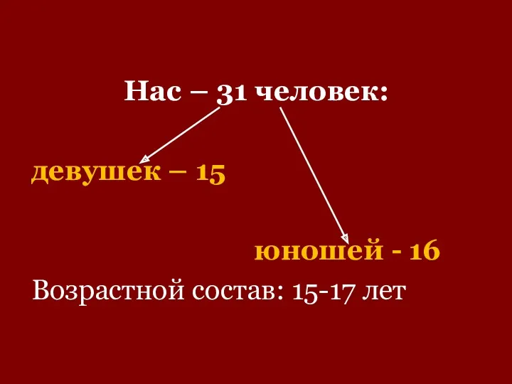 Нас – 31 человек: девушек – 15 юношей - 16 Возрастной состав: 15-17 лет