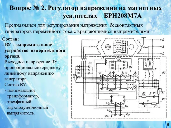 Вопрос № 2. Регулятор напряжения на магнитных усилителях БРН208М7А Предназначен