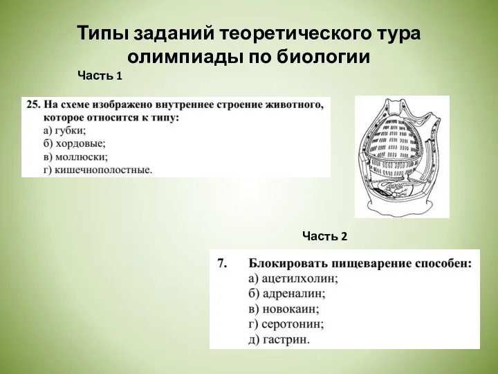 Типы заданий теоретического тура олимпиады по биологии Часть 1 Часть 2