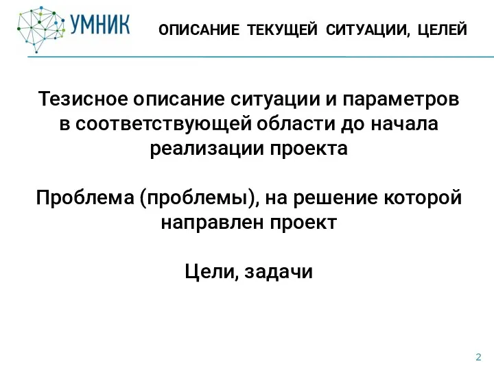 ОПИСАНИЕ ТЕКУЩЕЙ СИТУАЦИИ, ЦЕЛЕЙ Тезисное описание ситуации и параметров в