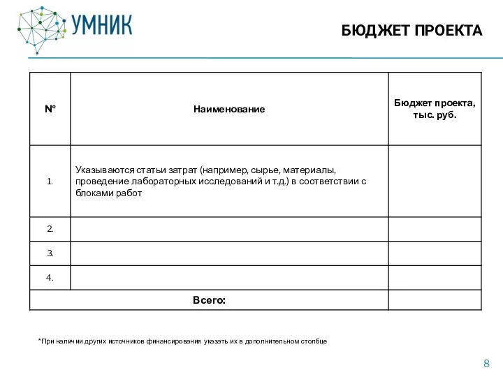 БЮДЖЕТ ПРОЕКТА *При наличии других источников финансирования указать их в дополнительном столбце