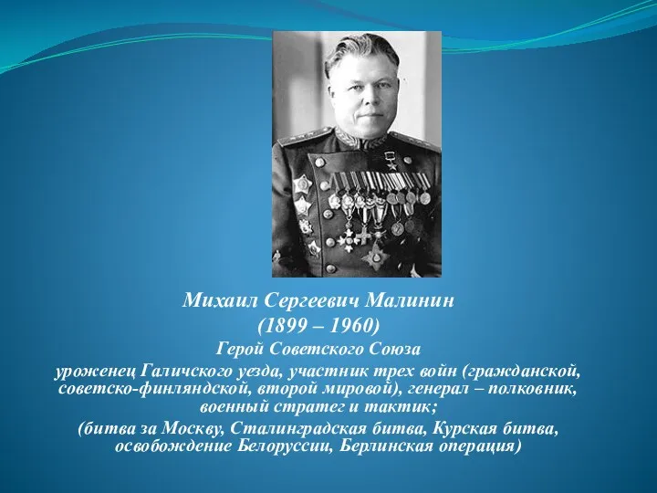 Михаил Сергеевич Малинин (1899 – 1960) Герой Советского Союза уроженец Галичского уезда, участник