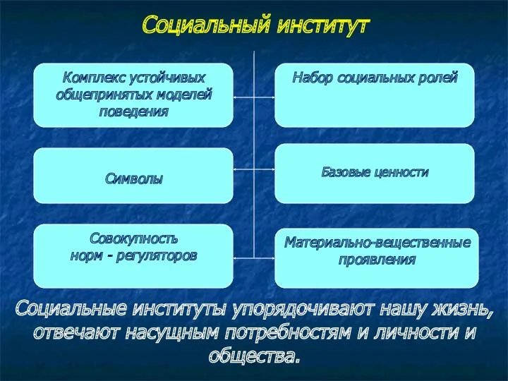 Социальный институт Комплекс устойчивых общепринятых моделей поведения Совокупность норм -