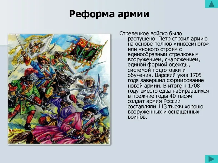 Реформа армии Стрелецкое войско было распущено. Петр строил армию на