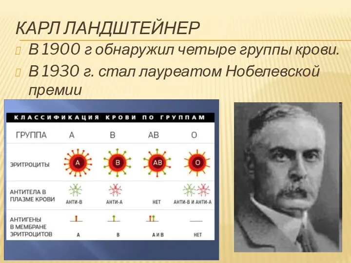 КАРЛ ЛАНДШТЕЙНЕР В 1900 г обнаружил четыре группы крови. В 1930 г. стал лауреатом Нобелевской премии
