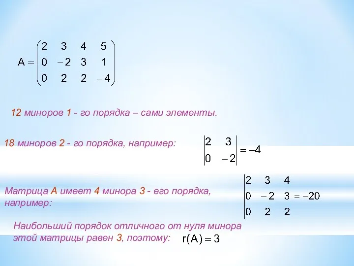 Матрица А имеет 4 минора 3 - его порядка, например: