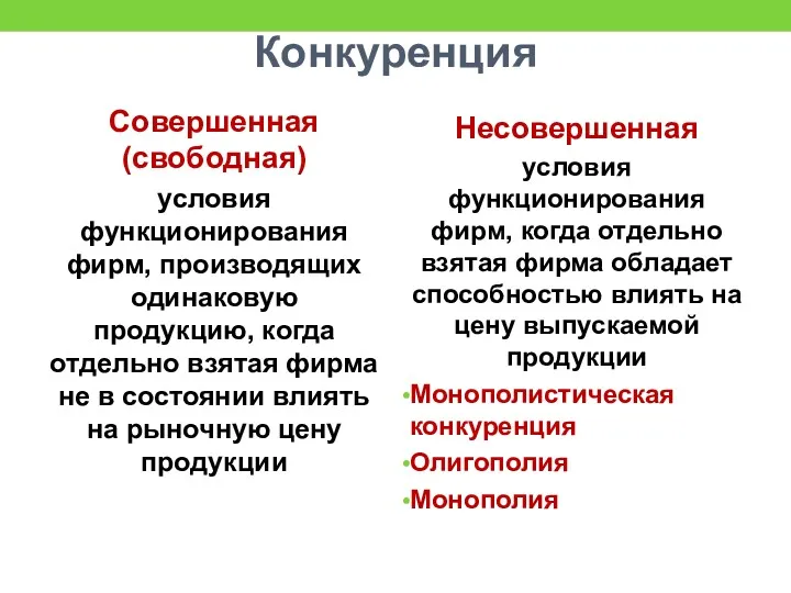 Конкуренция Совершенная (свободная) условия функционирования фирм, производящих одинаковую продукцию, когда