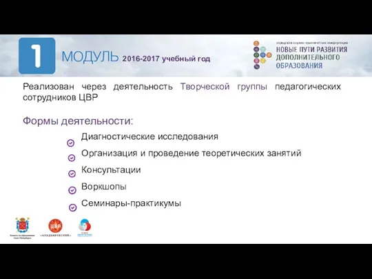 МОДУЛЬ 2016-2017 учебный год Реализован через деятельность Творческой группы педагогических сотрудников ЦВР Формы