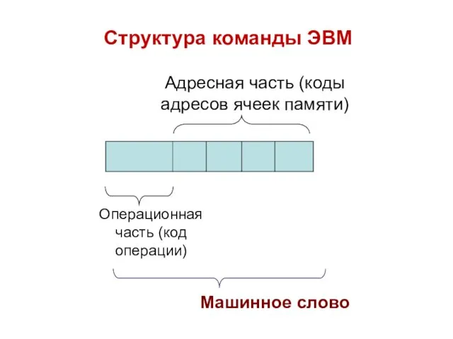 Структура команды ЭВМ Операционная часть (код операции) Адресная часть (коды адресов ячеек памяти) Машинное слово