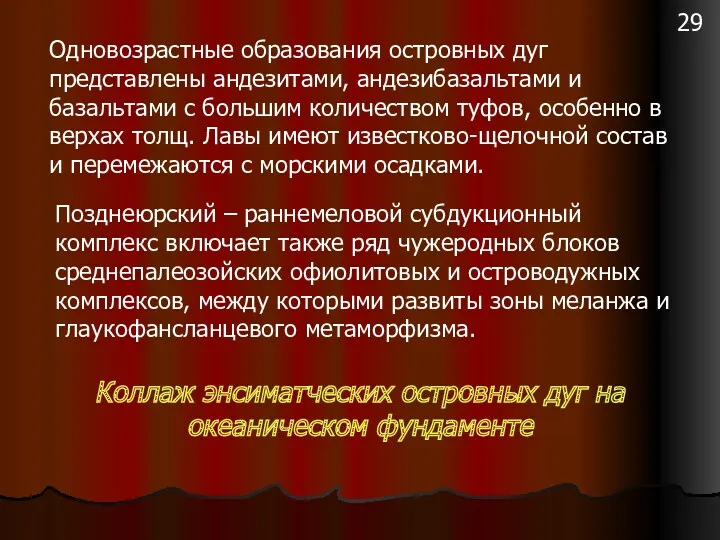 Одновозрастные образования островных дуг представлены андезитами, андезибазальтами и базальтами с