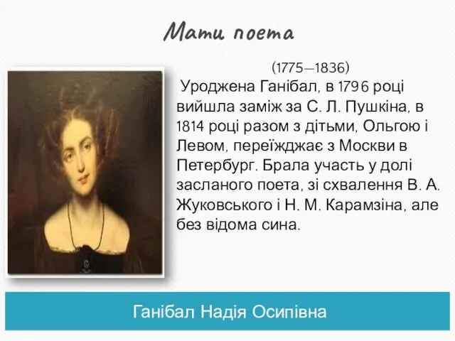 Мати поета Ганібал Надія Осипівна (1775—1836) Уроджена Ганібал, в 1796