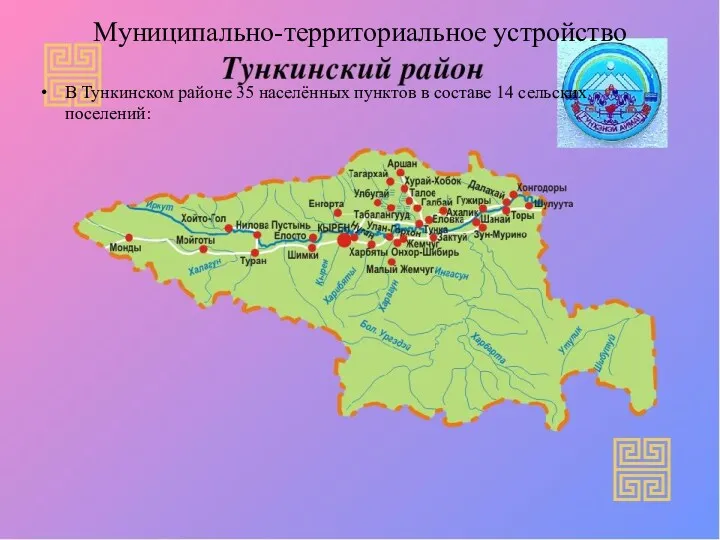 Муниципально-территориальное устройство В Тункинском районе 35 населённых пунктов в составе 14 сельских поселений: