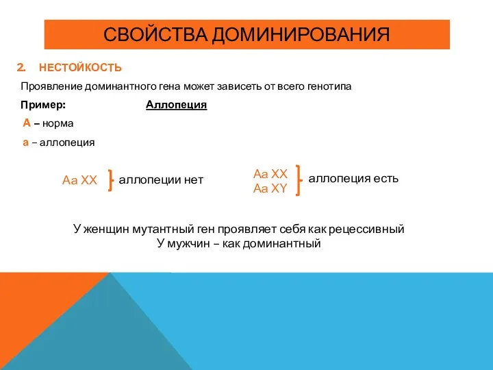 СВОЙСТВА ДОМИНИРОВАНИЯ НЕСТОЙКОСТЬ Проявление доминантного гена может зависеть от всего