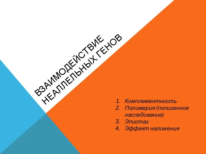 ВЗАИМОДЕЙСТВИЕ НЕАЛЛЕЛЬНЫХ ГЕНОВ Комплементность Полимерия (полигенное наследование) Эпистаз Эффект наложения