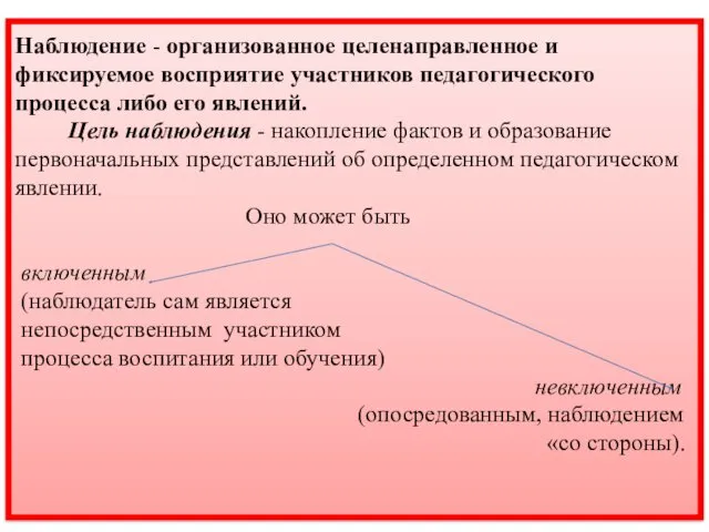 Наблюдение - организованное целенаправленное и фиксируемое восприятие участников педагогического процесса