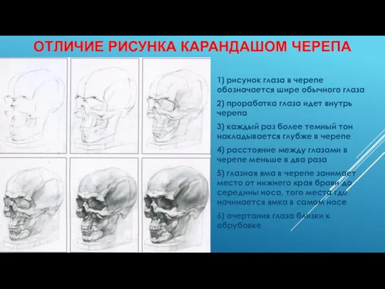 1) рисунок глаза в черепе обозначается шире обычного глаза 2)