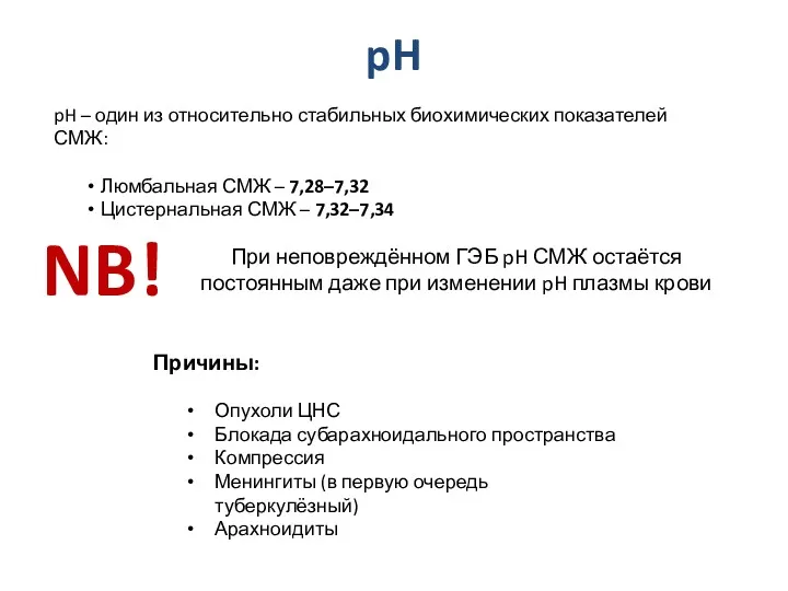 pH Причины: Опухоли ЦНС Блокада субарахноидального пространства Компрессия Менингиты (в