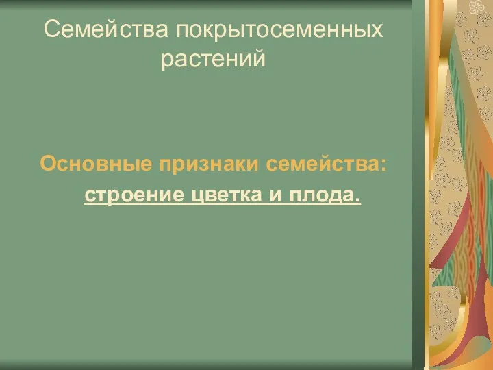 Семейства покрытосеменных растений Основные признаки семейства: строение цветка и плода.