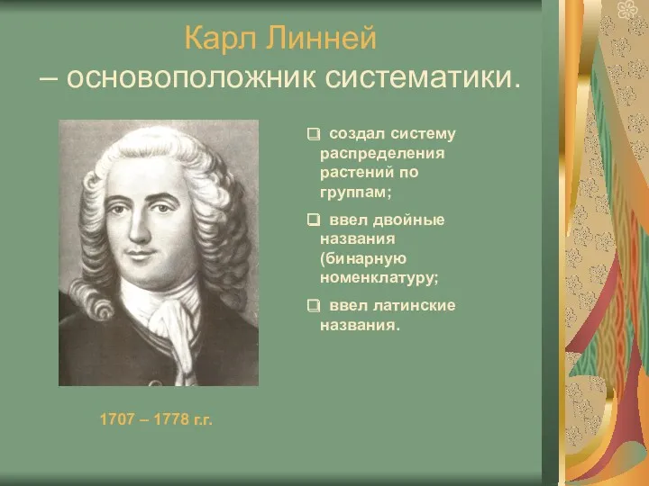 Карл Линней – основоположник систематики. 1707 – 1778 г.г. создал