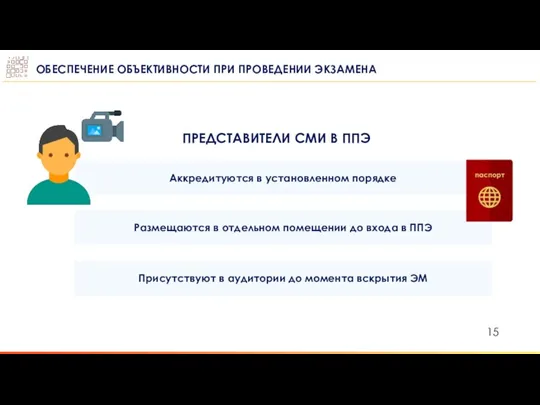 Аккредитуются в установленном порядке Присутствуют в аудитории до момента вскрытия ЭМ Размещаются в