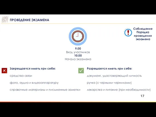 ПРОВЕДЕНИЕ ЭКЗАМЕНА Запрещается иметь при себе: средства связи фото, аудио и видеоаппаратуру справочные