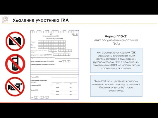 Форма ППЭ-21 «Акт об удалении участника ГИА» Акт составляется членом ГЭК совместно с