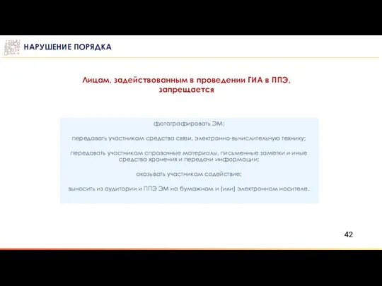 НАРУШЕНИЕ ПОРЯДКА Лицам, задействованным в проведении ГИА в ППЭ, запрещается фотографировать ЭМ; передавать