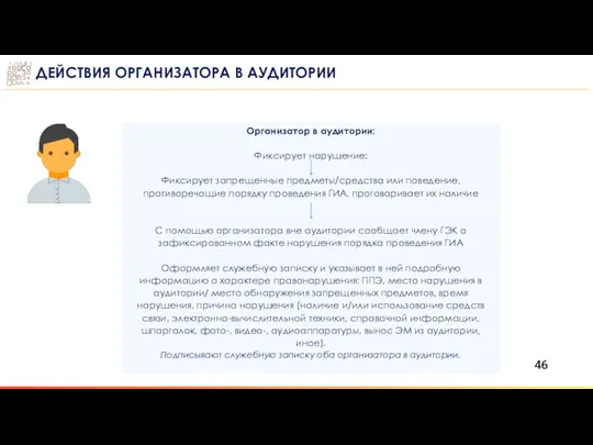 ДЕЙСТВИЯ ОРГАНИЗАТОРА В АУДИТОРИИ Организатор в аудитории: Фиксирует нарушение: Фиксирует запрещенные предметы/средства или