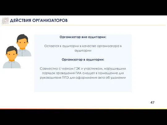 ДЕЙСТВИЯ ОРГАНИЗАТОРОВ Организатор вне аудитории: Остается в аудитории в качестве организатора в аудитории