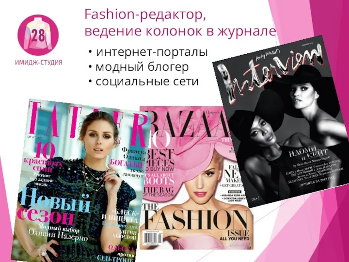 Fashion-редактор, ведение колонок в журнале • интернет-порталы • модный блогер • социальные сети