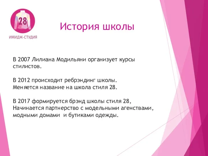 История школы В 2007 Лилиана Модильяни организует курсы стилистов. В 2012 происходит ребрэндинг