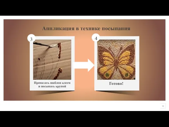 Промазать шаблон клеем и посыпать крупой Готово! Аппликация в технике посыпания 3 3 4