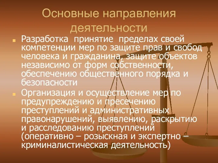 Основные направления деятельности Разработка принятие пределах своей компетенции мер по