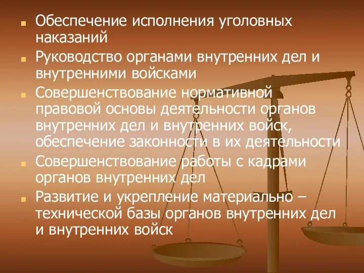 Обеспечение исполнения уголовных наказаний Руководство органами внутренних дел и внутренними