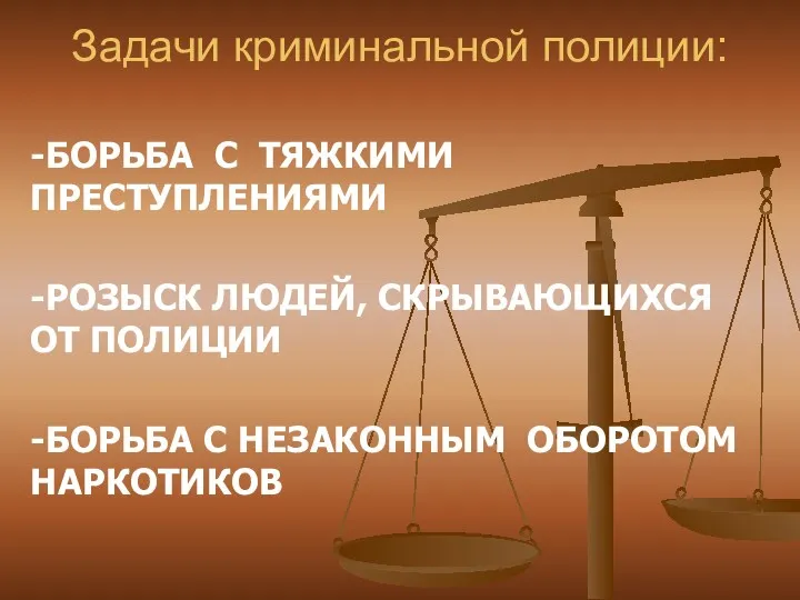 Задачи криминальной полиции: -БОРЬБА С ТЯЖКИМИ ПРЕСТУПЛЕНИЯМИ -РОЗЫСК ЛЮДЕЙ, СКРЫВАЮЩИХСЯ