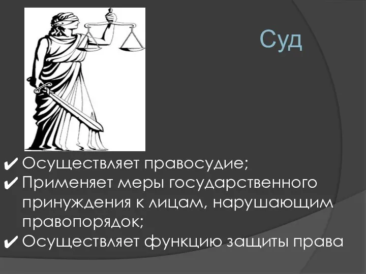 Суд Осуществляет правосудие; Применяет меры государственного принуждения к лицам, нарушающим правопорядок; Осуществляет функцию защиты права