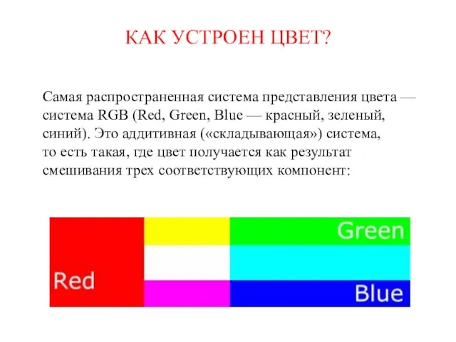 КАК УСТРОЕН ЦВЕТ? Самая распространенная система представления цвета — система