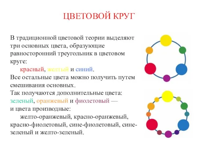 ЦВЕТОВОЙ КРУГ В традиционной цветовой теории выделяют три основных цвета,