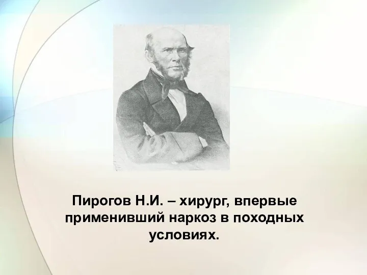 Пирогов Н.И. – хирург, впервые применивший наркоз в походных условиях.